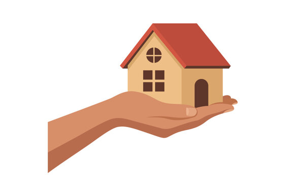 Hand holding small house, Buy house concept man holding house, property sale vector illustration