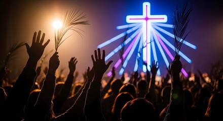 Obraz premium Palm Sunday Celebration with Worshippers Raising Hands and Palm Fronds Towards a Glowing Cross