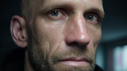 Obraz premium Close-up portrait of a man with a focused expression. Details of the face captured, showing depth and intensity.
