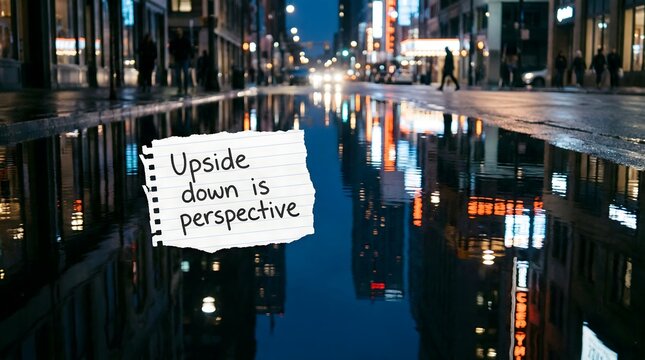 Rainy city street reflection with "Upside down is perspective" note showing handwritten affirmation aesthetic photography for shifting viewpoint and embracing ambiguity in urban environments