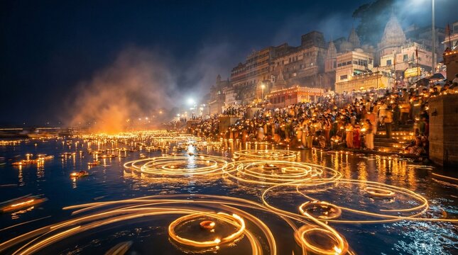 Ganga Dussehra river festival with glowing diya lights on water at night ghat ceremony capturing spiritual india culture devotion and travel celebration scene