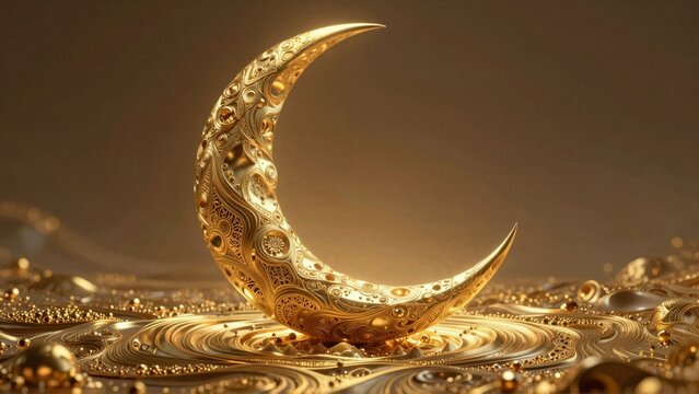 Gold crescent moon sculpture with intricate detailing