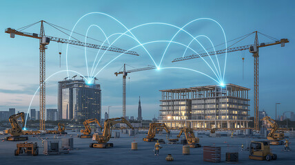 Naklejka premium Industrial technology and future construction site with digital connection network lines and smart machinery for urban infrastructure development during sunset for architecture engineering concept.