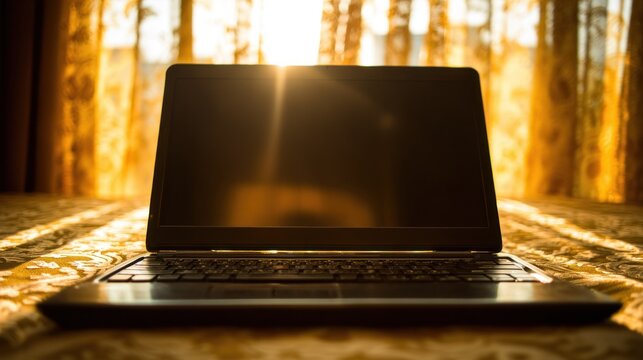Electronic portable computer displays a dark screen against bright window light and golden curtains