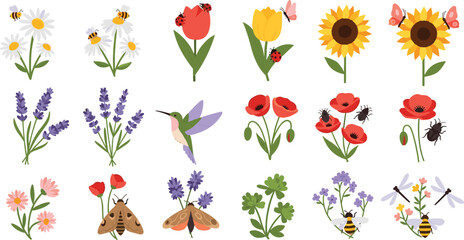 Set of Colorful Garden Flowers with Bees, Butterflies, Ladybugs, and Pollinators Including Sunflower, Tulip, Lavender, and Poppy Illustrations © MD