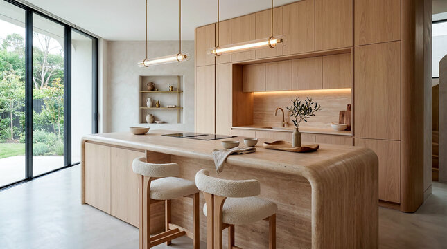 Warm minimalism kitchen design with natural wood island and hidden storage for seamless open space living in contemporary luxury home interior 2026 trend