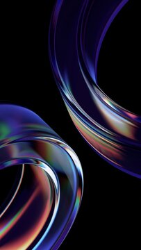 Abstract minimalist iridescent reflections on a glass curved shape, vertical 3d render
