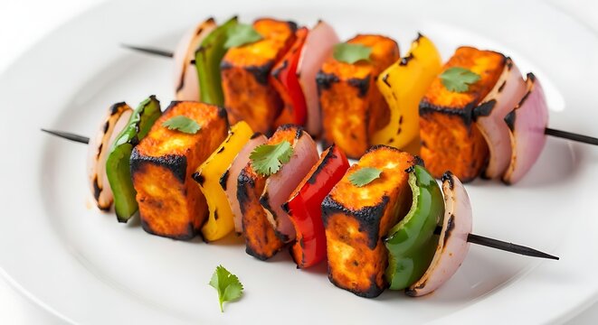 Flavorful vegetarian Indian paneer tikka skewers with perfectly grilled cottage cheese, colorful bell peppers, and red onions, garnished with fresh cilantro.