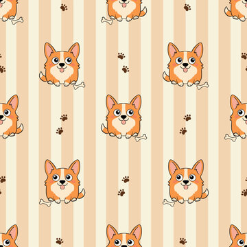 Happy welsh corgi dog seamless pattern with bones on striped background