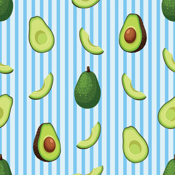 Seamless pattern with whole avocado and slices on blue striped background