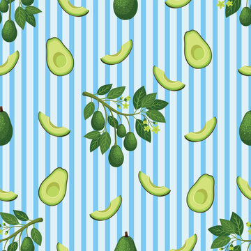 Avocado seamless pattern with branches leaves and slices on stripes