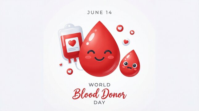 World blood donor day cute blood drop characters with smiling faces and donation bag illustration for healthcare awareness campaign saving life support concept