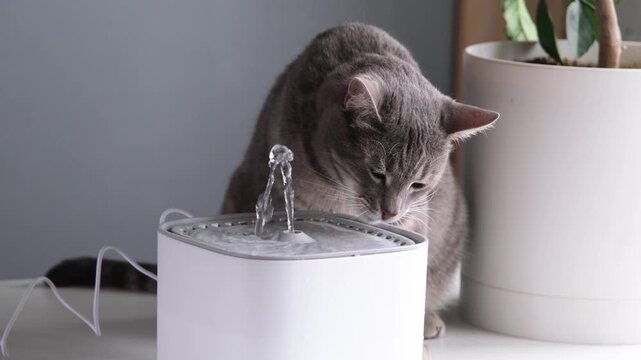 Cat drinking from automatic water fountain. Modern smart drinker for pet. Drinking fountain with replaceable filter, water quantity indicator, filter replacement at home. Prevention of urolithiasis