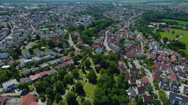 Aerial view around the city Freiberg am Neckar in Germany. On cloudy day in spring beside the river Neckar
