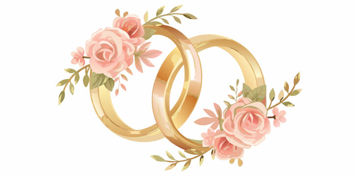 Golden wedding rings intertwined with delicate pink and green floral accents