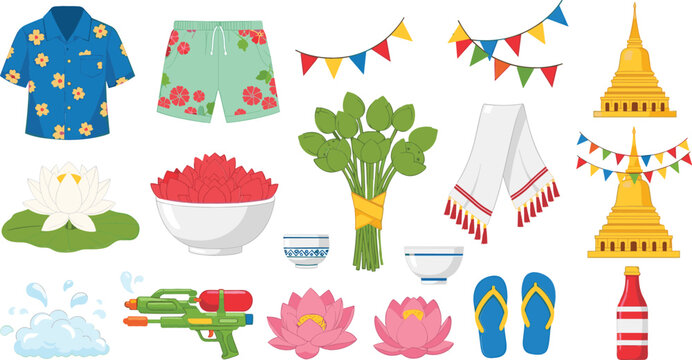 Songkran festival elements set with water guns, floral shirts, temple, flags, lotus, and traditional items, Thai New Year celebration vector illustration