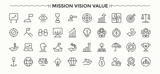Plakat Set of Mission line icon. Pictograms of growth, achievement, company, climb, vision, success, achieve and more. Set of line pictogram. Vision icon set. Vector collections.