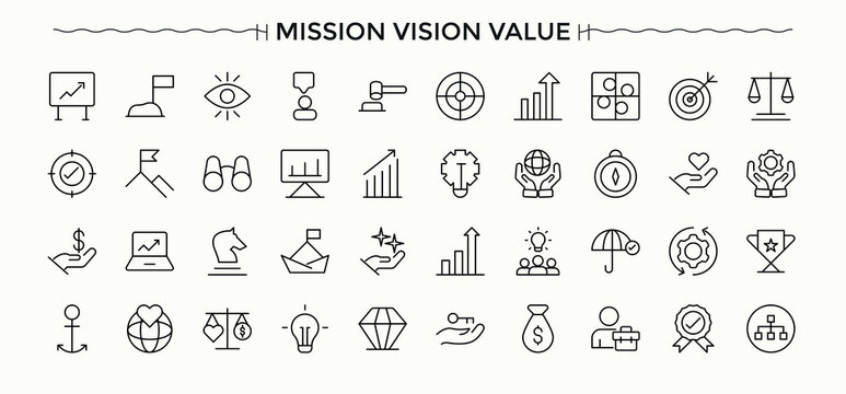 Set of Mission line icon. Pictograms of growth, achievement, company, climb, vision, success, achieve and more. Set of line pictogram. Vision icon set. Vector collections.