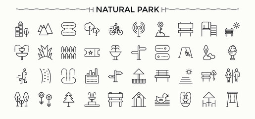 Park linear icon set. Cityscape line icons with editable stroke. Minimalist editable vector stroke. City Park icon pack. Art and illustration.