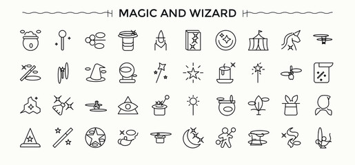 Magic And Wizard related icon set. Collection for mobile and web apps. Featuring magician, fantasy, magic, trick, mystery. Editable stroke. Vector illustration. Wand icon pack.