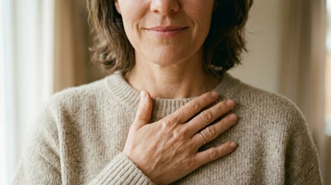 Woman touching chest with gentle smile, gratitude and mindfulness concept