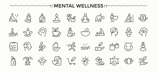Mental Wellness modern icon set. UI icons set in a thin style. Mind simple icon set. Pictograms of psychology, emotion, medicine, exercise, meditation, mental and more.