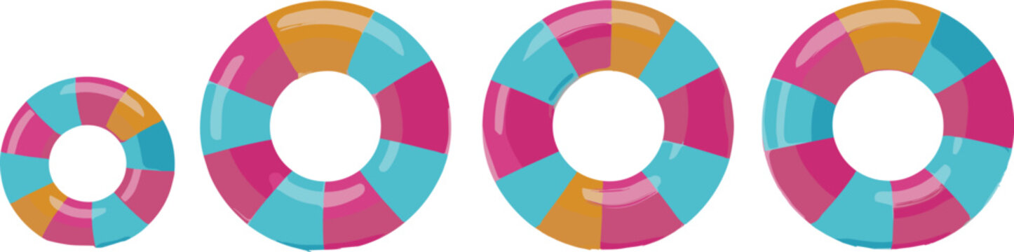 Set of Colorful Vector Inflatable Lifebuoys and Pool Rings with Striped Pattern for Summer Vacation Beach Party and Swimming Pool Safety EquipmentSet of Colorful Vector Inflatable Lifebuoys and Pool R