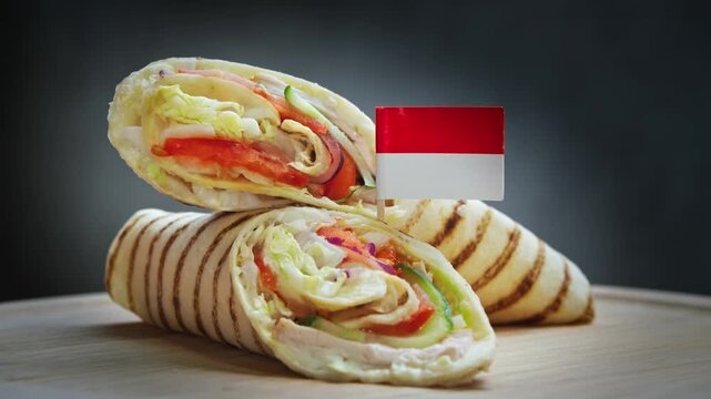 Spinning savory wrap roll sliced in two with fried chicken, crispy lettuce, tomato, cucumber, onion, spicy sambal in roti flatbread with Indonesia flag