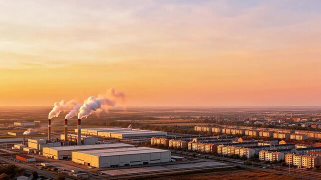 Industrial factory with smoking chimneys at golden hour, adjacent to residential housing estate&mdash;urban-industrial landscape, energy production and city development concept