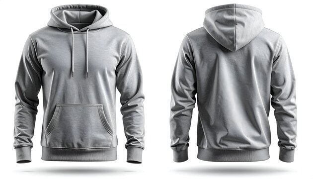 Front and Back View of a Plain Grey Hoodie Sweatshirt with Pouch Pocket and Drawstrings on White