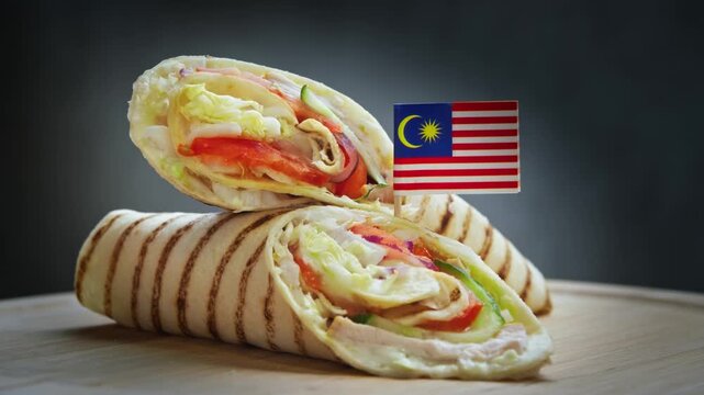 Twirling aromatic wrap roll sliced in half with tender chicken, crisp lettuce, tomatoes, cucumbers, onion, sauce in roti flatbread and Malaysia flag