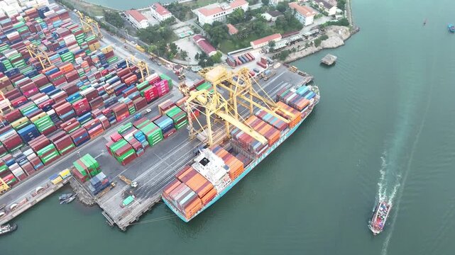 Aerial View of Container Yard and Cargo Ship at Port Terminal