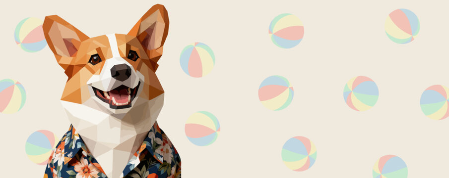 geometric style, vector illustration, pets banner with corgi in hawaiian shirt and colorful beach balls 