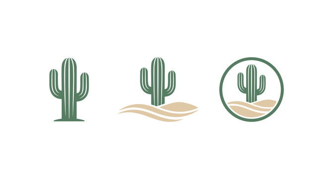 Desert Cactus Icons: Saguaro, Sand Dunes, Circle Frame - Minimalist Vector Art