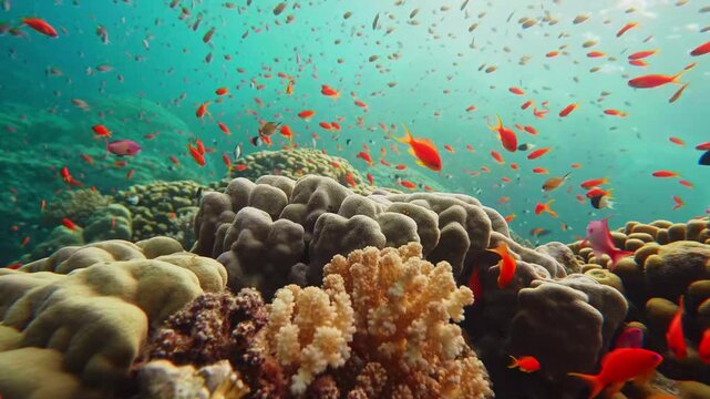 This footage shows underwater scene showcasing a healthy, diverse coral reef teeming with life. Bright orange tropical fish (anthias or similar) swim in large schools amidst various coral formations u