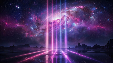 Obraz premium Spectacular Cosmic Landscape Photo with Neon Light Beams and Starry Night Sky
