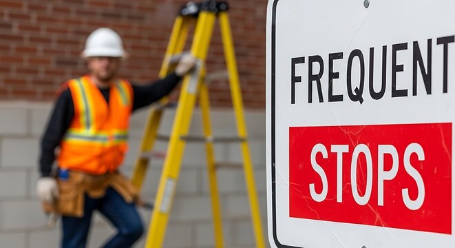 Construction worker with a frequent stops sign on a building site with a ladder