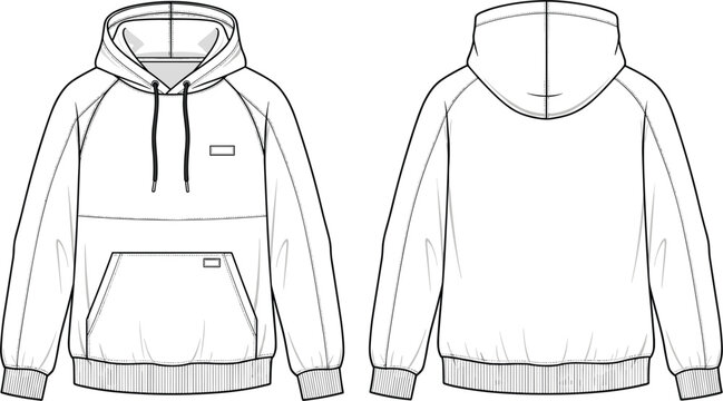 Technical fashion flat sketch of men's raglan sleeve hoodie featuring front and back views with kangaroo pocket and drawstrings for apparel design and manufacturing.