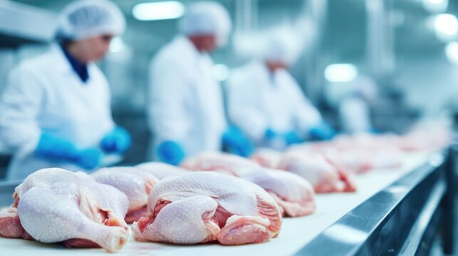 Raw chicken on conveyor line in food processing factory with workers in hygiene uniforms. Ideal for poultry industry, food production, safety standards, and manufacturing concepts.