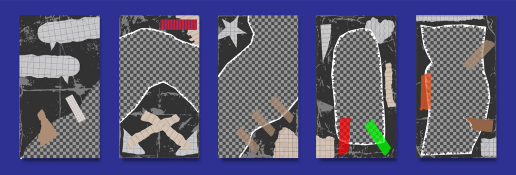 Grunge Collage Templates Collection - Vertical Scrapbook Layouts with Torn Paper Tape Stars and Speech Bubbles on Blue Background