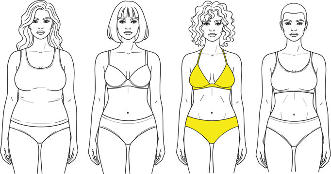 Diverse female fashion croquis vector set featuring body positive figure templates with various hairstyles and underwear styles for inclusive apparel design sketches.