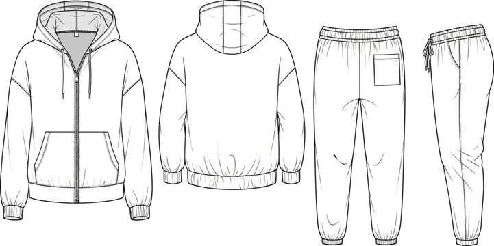 Technical fashion flat sketch vector of a tracksuit set including zip-up hoodie and jogger pants for apparel design development clothing manufacturing and garment spec sheets.