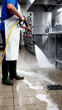 Professional worker using pressure washer to clean commercial kitchen floor