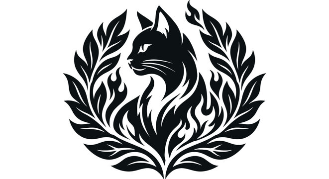 A heraldic black cat rising through stylized flames inside a laurel wreath creates a fierce monochrome crest for tattoo studios esports identities gothic labels and nocturnal brand marks.
