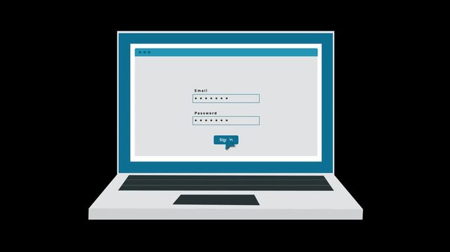 Modern login page with email and password representing user authentication, data security, and online account access on laptop screen. 2D motion graphics in 4K resolution with alpha channel.
