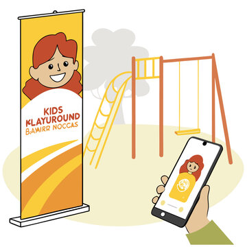 Mobile app interaction with a kids playground and promotional banner display with user interface with user experience with outdoor recreation