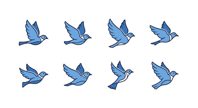 Set of eight blue birds in flight, animated sequence for motion graphics