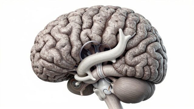 Illustration of a human brain with labeled parts