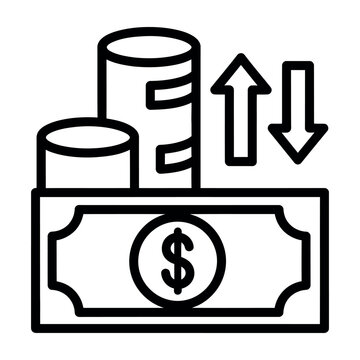 Financial concept icon showing money, coins, and arrows indicating value fluctuation.