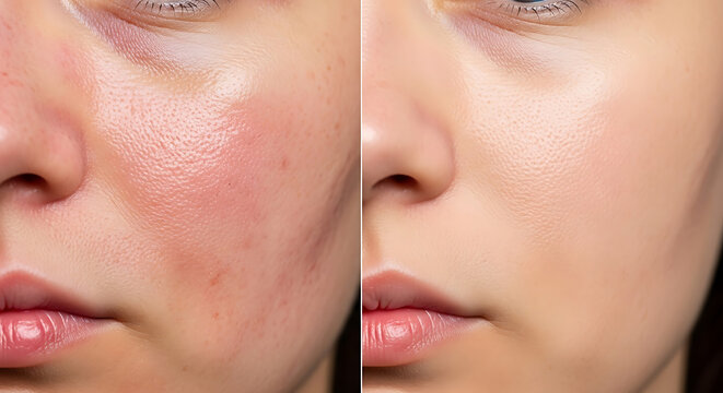 Split image showing skin before and after cosmetic treatment or makeup application face